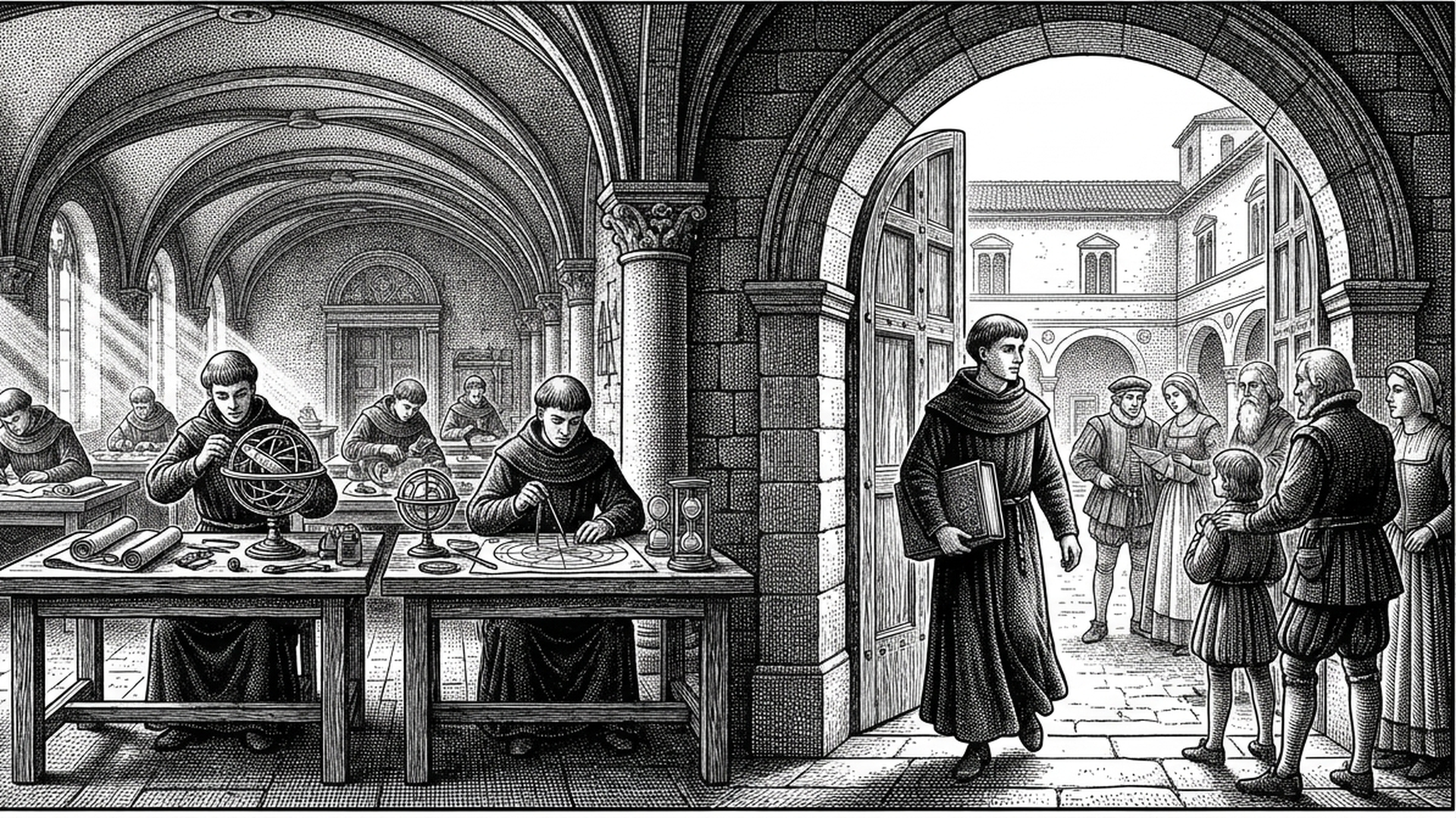 An engraving of a monk walking out of a workshop toward people in a courtyard while copies of himself keep working at the tables behind him